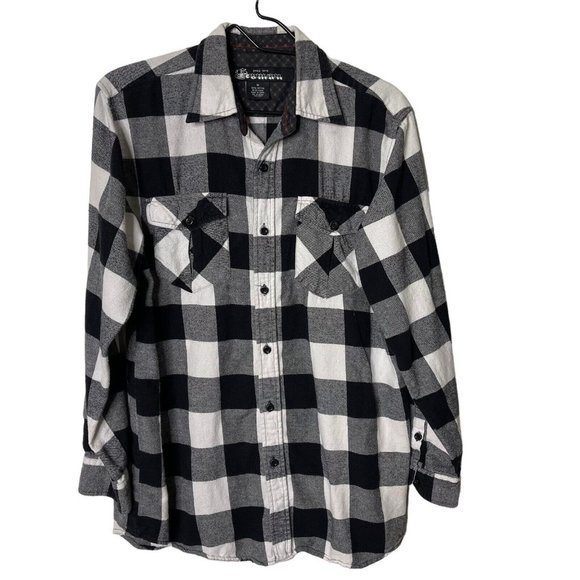 Koman Mens M Black and White Plaid Flannel Shirt Long Sleeve Button Chest Pocket - Picture 1 of 12